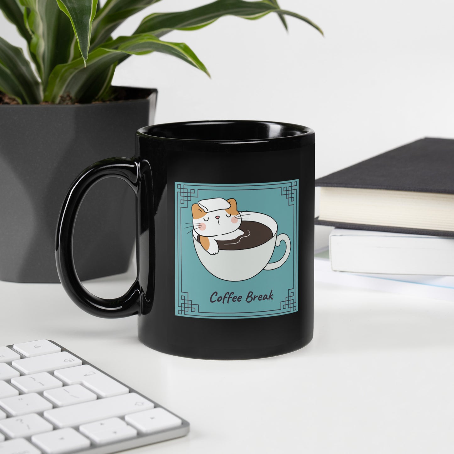 Coffee Break Cat Black Glossy Mug