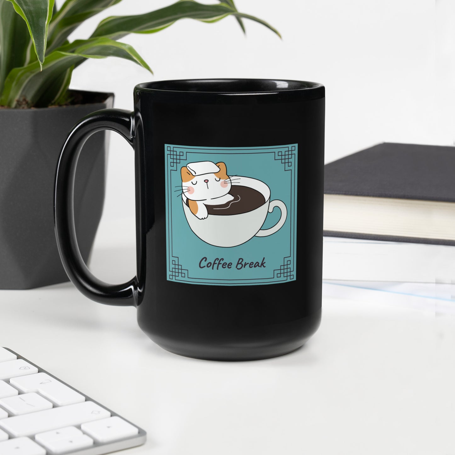 Coffee Break Cat Black Glossy Mug